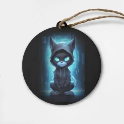 Деревянная игрушка круг Кот хакер в синем неоне