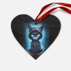 Деревянная игрушка Сердце Кот хакер в синем неоне