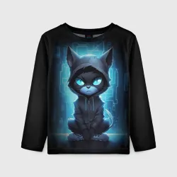 Детский лонгслив 3D Кот хакер в синем неоне