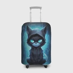 Чехол для чемодана 3D Кот хакер в синем неоне