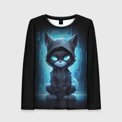 Женский лонгслив 3D Кот хакер в синем неоне