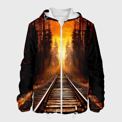Мужская куртка 3D с принтом Железная дорога на закате, вид спереди #2