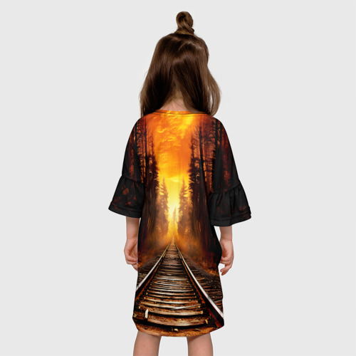Детское платье 3D с принтом Железная дорога на закате, вид сзади #2