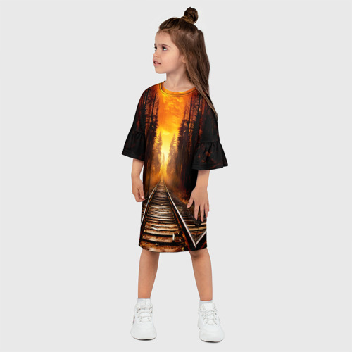 Детское платье 3D с принтом Железная дорога на закате, фото на моделе #1