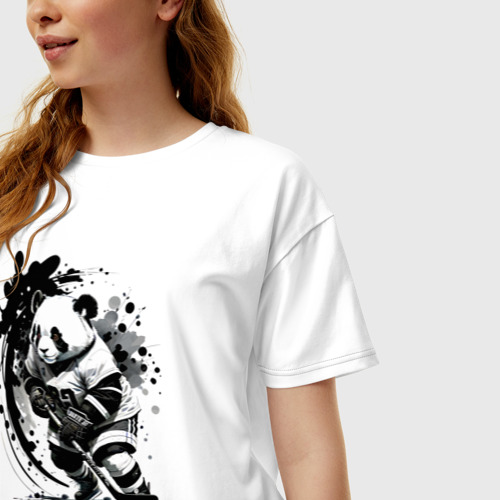 Женская футболка хлопок Oversize Панда - крутой хоккеист, цвет белый - фото 3
