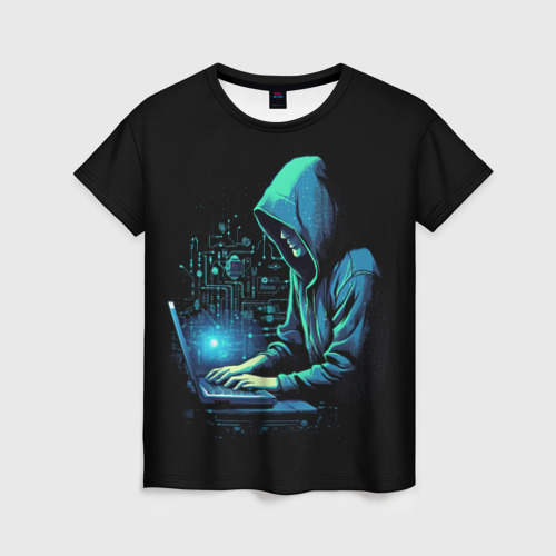 Женская футболка 3D с принтом Хакер  за ноутбуком, вид спереди #2