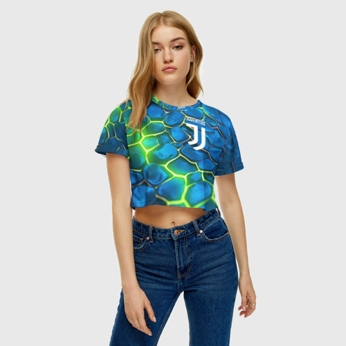 Женская футболка Crop-top 3D Juventus blue green neon, цвет 3D печать - фото 4