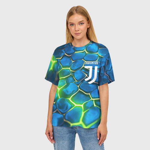 Женская футболка oversize 3D Juventus blue green neon, цвет 3D печать - фото 3