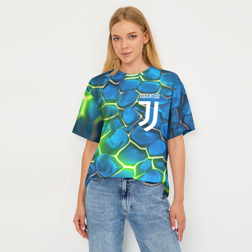 Женская футболка oversize 3D Juventus blue green neon, цвет 3D печать - фото 5