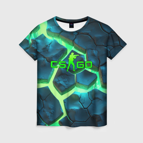Женская футболка 3D с принтом CS GO green texture logo, вид спереди #2