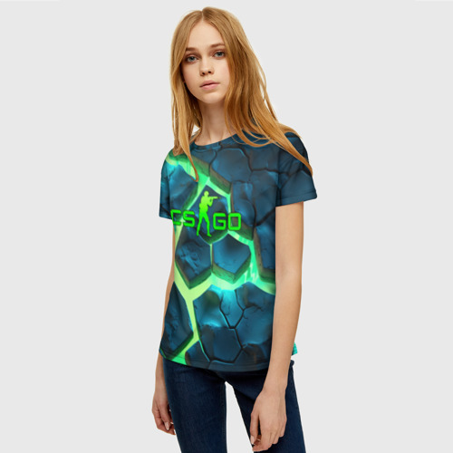 Женская футболка 3D с принтом CS GO green texture logo, фото на моделе #1