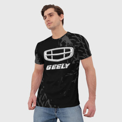 Мужская футболка 3D Geely Speed на темном фоне со следами шин - фото 2
