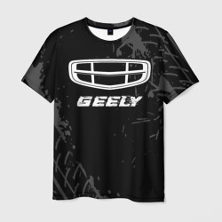 Мужская футболка 3D Geely Speed на темном фоне со следами шин