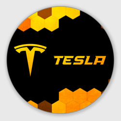 Круглый коврик для мышки Tesla - gold gradient: надпись и символ
