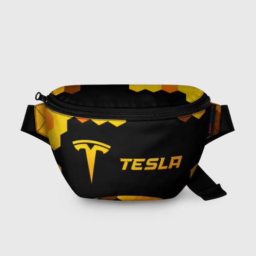 Поясная сумка с принтом Tesla - gold gradient: надпись и символ, вид спереди №1