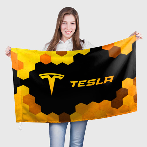 Флаг 3D Tesla - gold gradient: надпись и символ