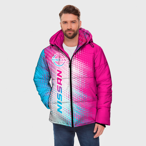 Мужская зимняя куртка 3D с принтом Nissan neon gradient style: по-вертикали, фото на моделе #1