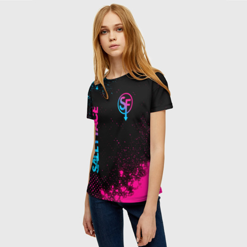 Женская футболка 3D с принтом Sally Face - neon gradient: надпись, символ, фото на моделе #1