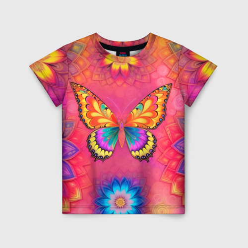 Детская футболка с принтом Яркая бабочка в цветах, вид спереди №1