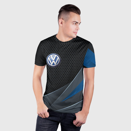 Мужская футболка 3D Slim с принтом Фольцваген - синяя броня, фото на моделе #1