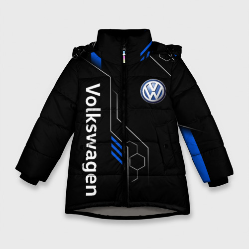 Зимняя куртка для девочек 3D с принтом Volkswagen - blue technology, вид спереди #2