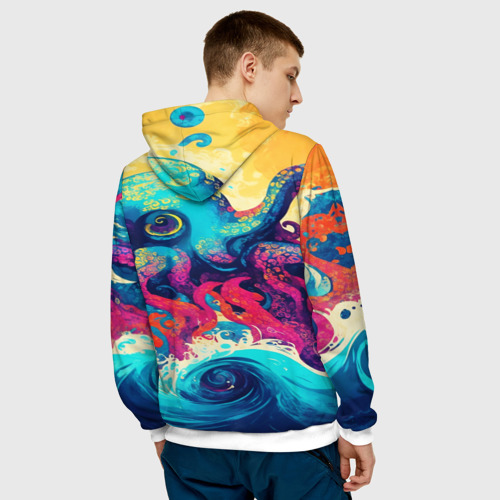 Мужская толстовка 3D с принтом Разноцветный осьминог на волнах красок, вид сзади #2