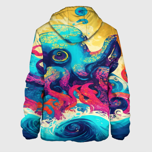 Мужская куртка 3D с принтом Разноцветный осьминог на волнах красок, вид сзади #1