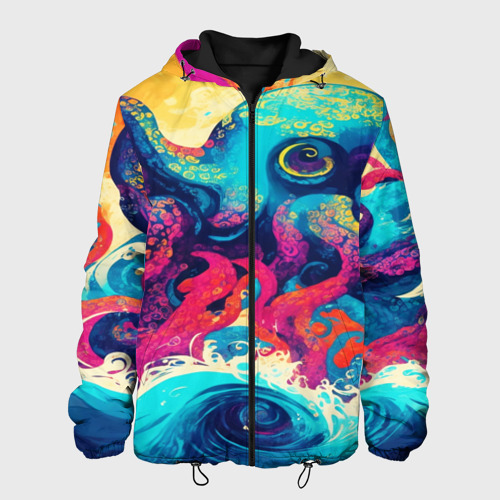 Мужская куртка 3D с принтом Разноцветный осьминог на волнах красок, вид спереди #2