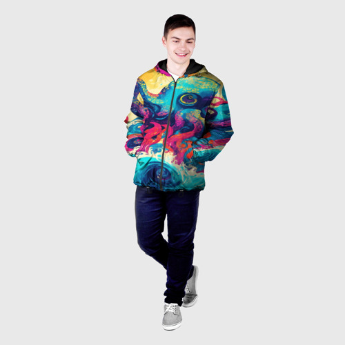 Мужская куртка 3D с принтом Разноцветный осьминог на волнах красок, фото на моделе #1