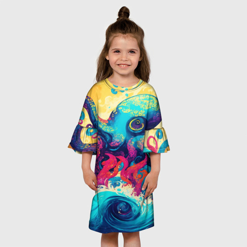 Детское платье 3D Разноцветный осьминог на волнах красок, цвет 3D печать - фото 4
