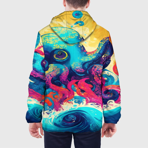 Мужская куртка 3D с принтом Разноцветный осьминог на волнах красок, вид сзади #2