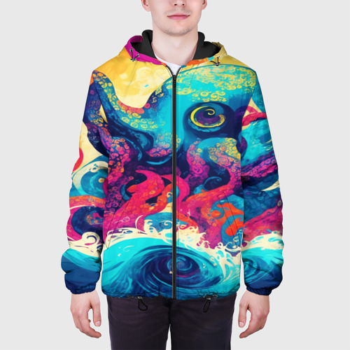 Мужская куртка 3D с принтом Разноцветный осьминог на волнах красок, вид сбоку #3