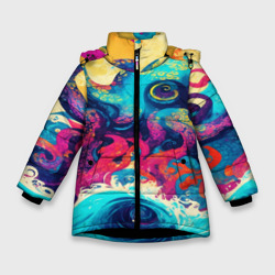 Зимняя куртка для девочек 3D Разноцветный осьминог на волнах красок