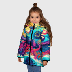 Зимняя куртка для девочек 3D Разноцветный осьминог на волнах красок - фото 2