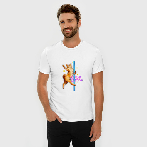 Мужская футболка хлопок Slim Поледэнс кот стрип пластика на шесте, цвет белый - фото 3