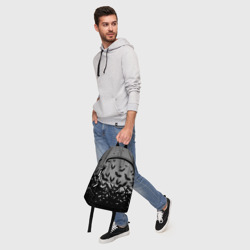 Рюкзак с принтом Серый фон и летучие мыши для любого человека, вид спереди №5. Цвет основы: белый