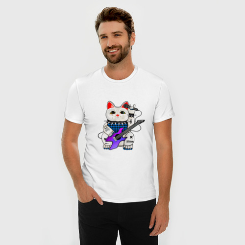 Мужская футболка хлопок Slim с принтом Рок кот нэко с микрофоном и гитарой, фото на моделе #1