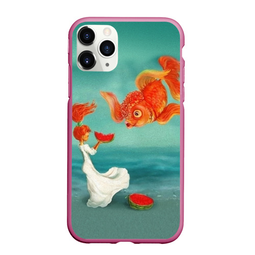 Чехол для iPhone 11 Pro матовый Девочка с арбузом и золотая рыбка, цвет малиновый