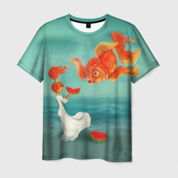 Мужская футболка 3D Девочка с арбузом и золотая рыбка