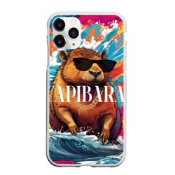 Чехол для iPhone 11 Pro Max матовый Капибара в очках на красочных волнах