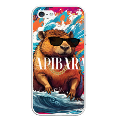 Чехол для iPhone 5/5S матовый Капибара в очках на красочных волнах