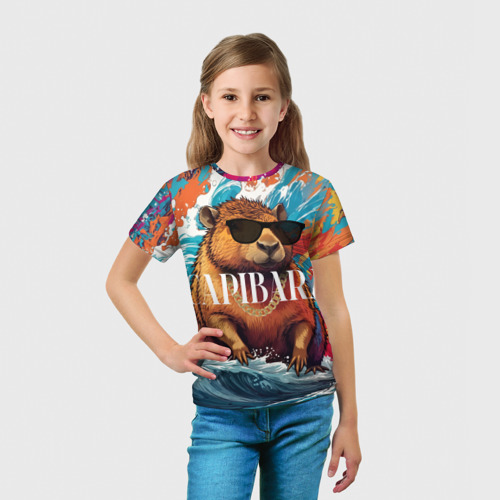 Детская футболка 3D Капибара в очках на красочных волнах, цвет 3D печать - фото 5