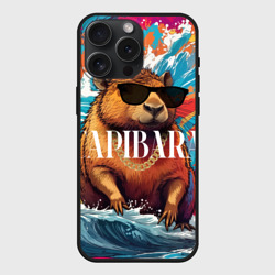 Чехол силиконовый для Apple iPhone 15 Pro Мax матовый Капибара в очках на красочных волнах