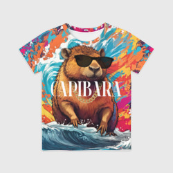 Детская футболка 3D Капибара в очках на красочных волнах