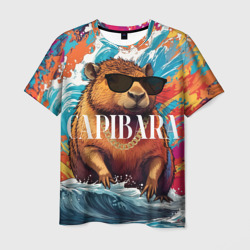Мужская футболка 3D Капибара в очках на красочных волнах