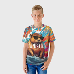 Детская футболка 3D Капибара в очках на красочных волнах - фото 2