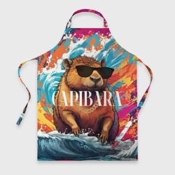 Фартук 3D Капибара в очках на красочных волнах
