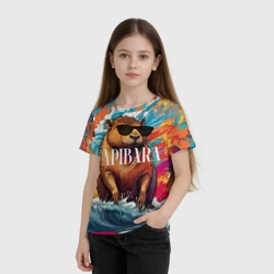 Детская футболка 3D Капибара в очках на красочных волнах - фото 2