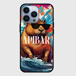 Чехол для iPhone 13 Pro Капибара в очках на красочных волнах