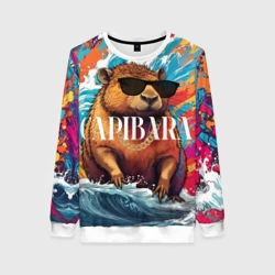 Женский свитшот 3D Капибара в очках на красочных волнах